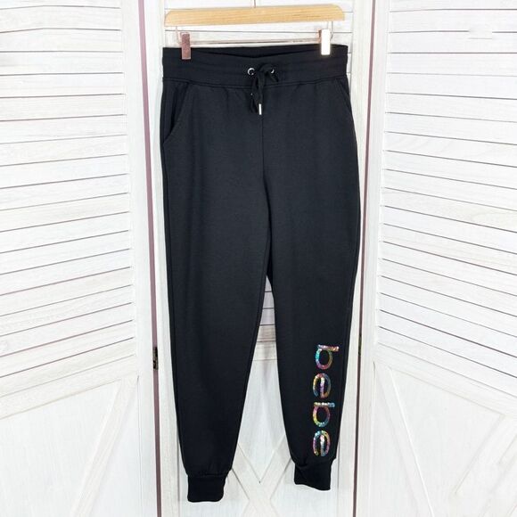 Bebe Sport Rainbow Sequin Logo Fleece Jogger Pants Black Small - Picture 1 of 11